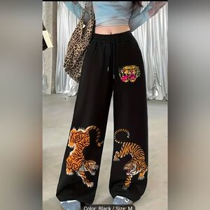 Black and Orange Wide Leg Pants with Tiger Embroidery